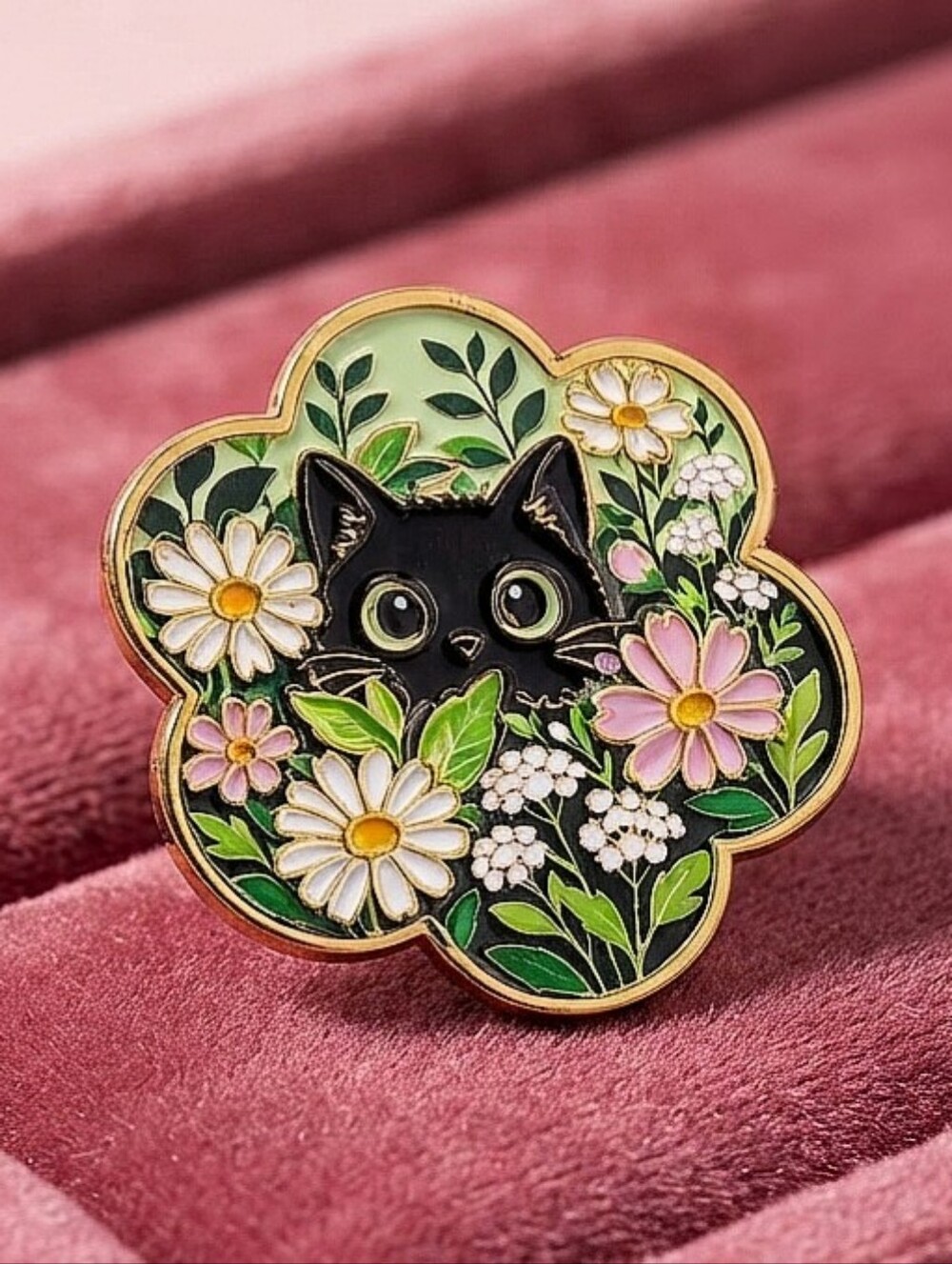 Whimsical Black Cat Floral Garden Enamel Pin, Cute Cottagecore Botanical Kitten